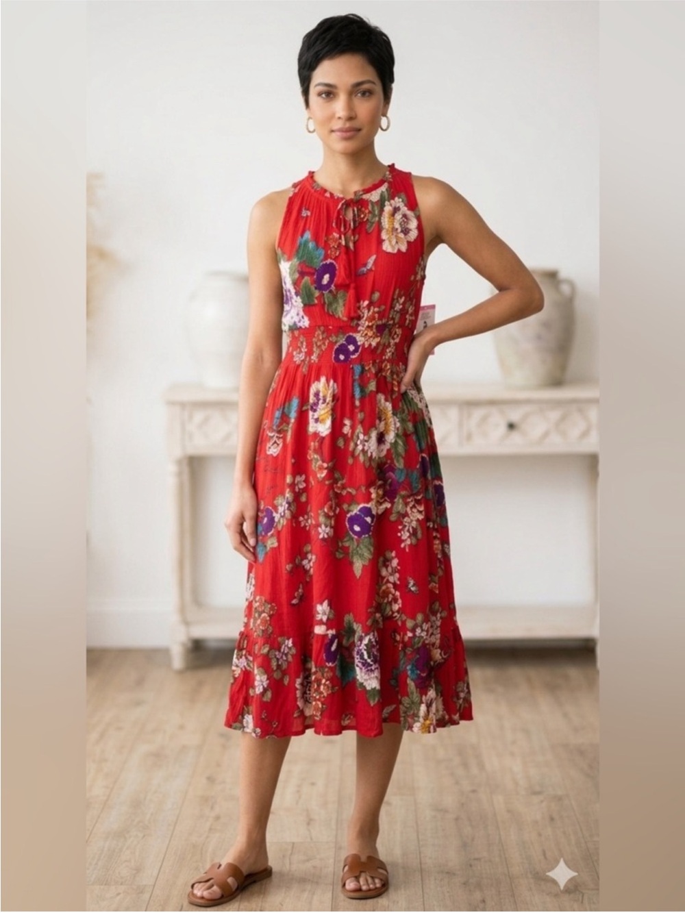 Bila Red Floral Halter Midi Dress